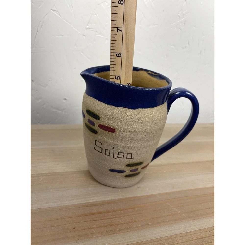 Studio Pottery Hand Crafted Small Salsa‎ Pitcher Blue Stoneware Rustic Kitchen